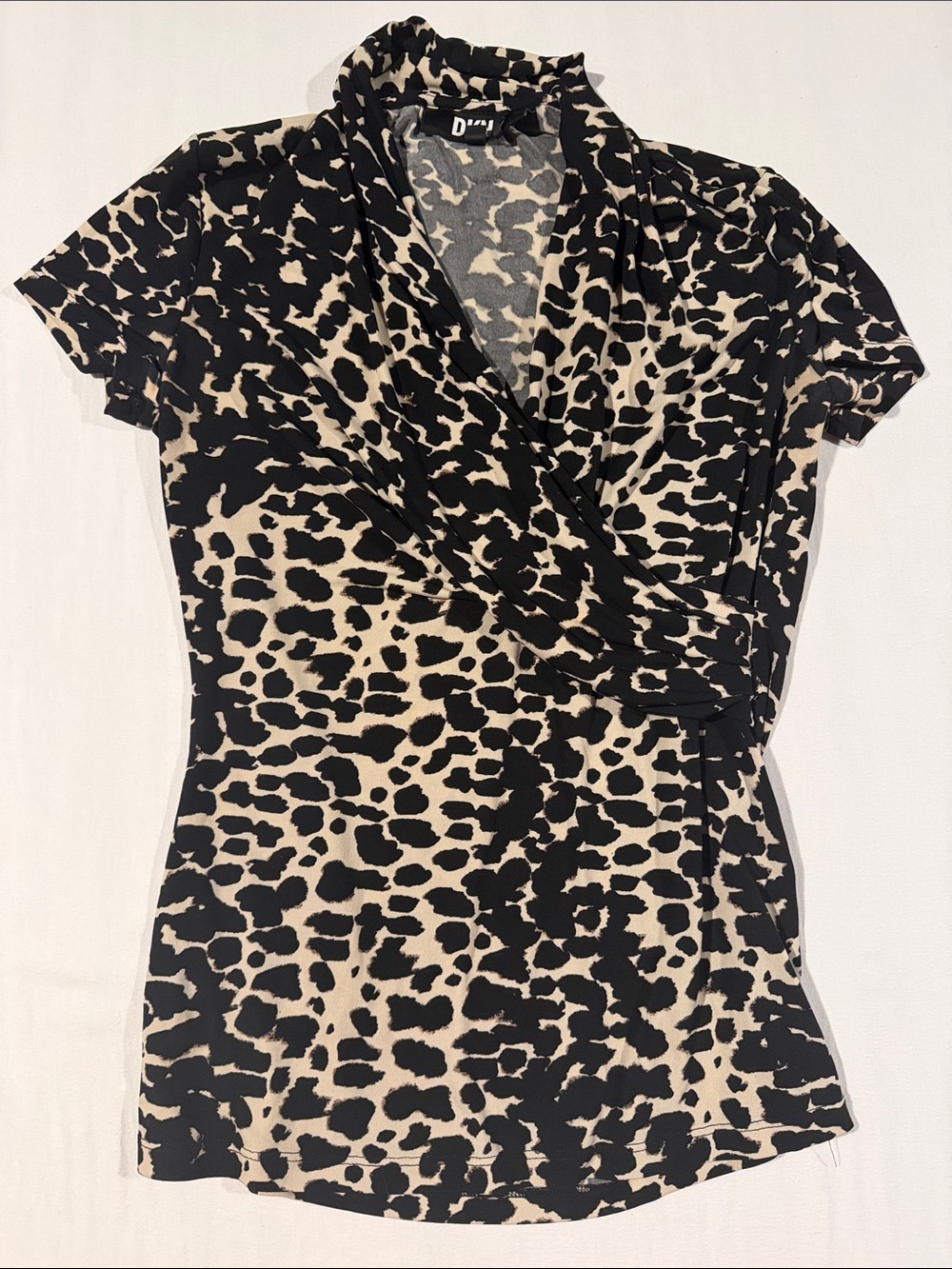DKNY Black and Cream Leopard Print Wrap-Style Blouse